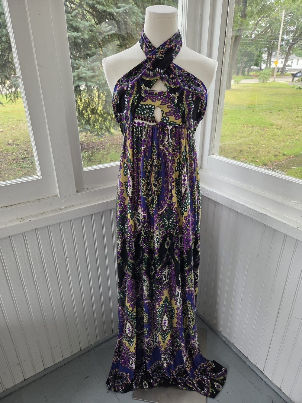 Vintage Y2K Twenty One Halter Keyhole Maxi Dress | Purple & Olive Paisley Boho S